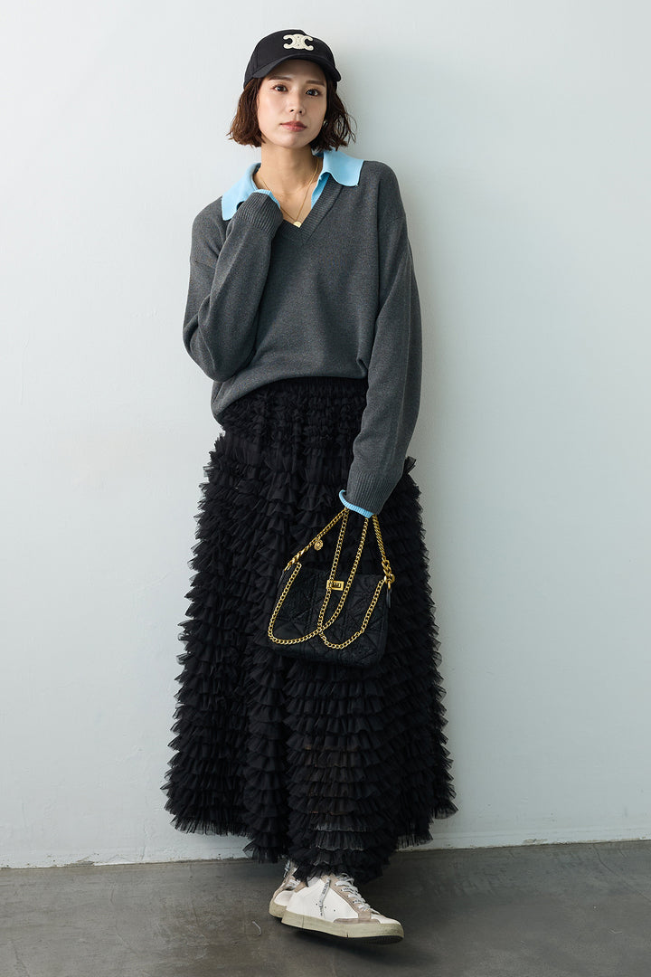 [予約/SET]配色襟レイヤード風ニット+ホイップチュールティアードスカート(2set)