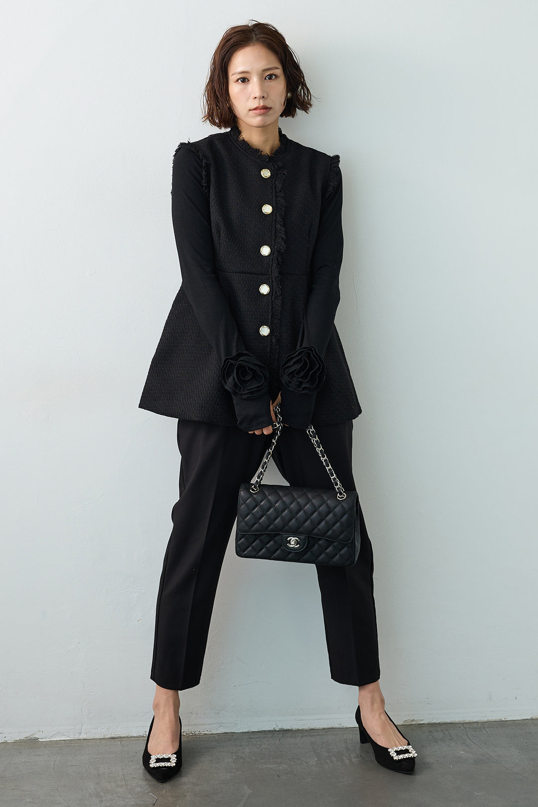 [予約/SET]フラワーモチーフポイントカットトップス+ツイードペプラム美フォルムジレ(2set)