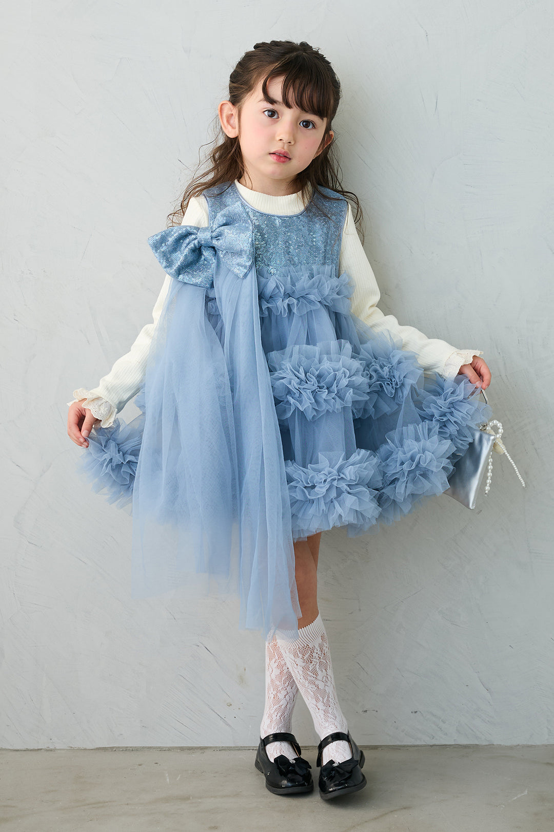 [予約/親子SET][kids]スパンコールリボンホイップチュールワンピセット+フリルヘムスリーブブラウス+クロップドマニッシュシンプルジャケット+ツイルシンプルストレートパンツ(4set)