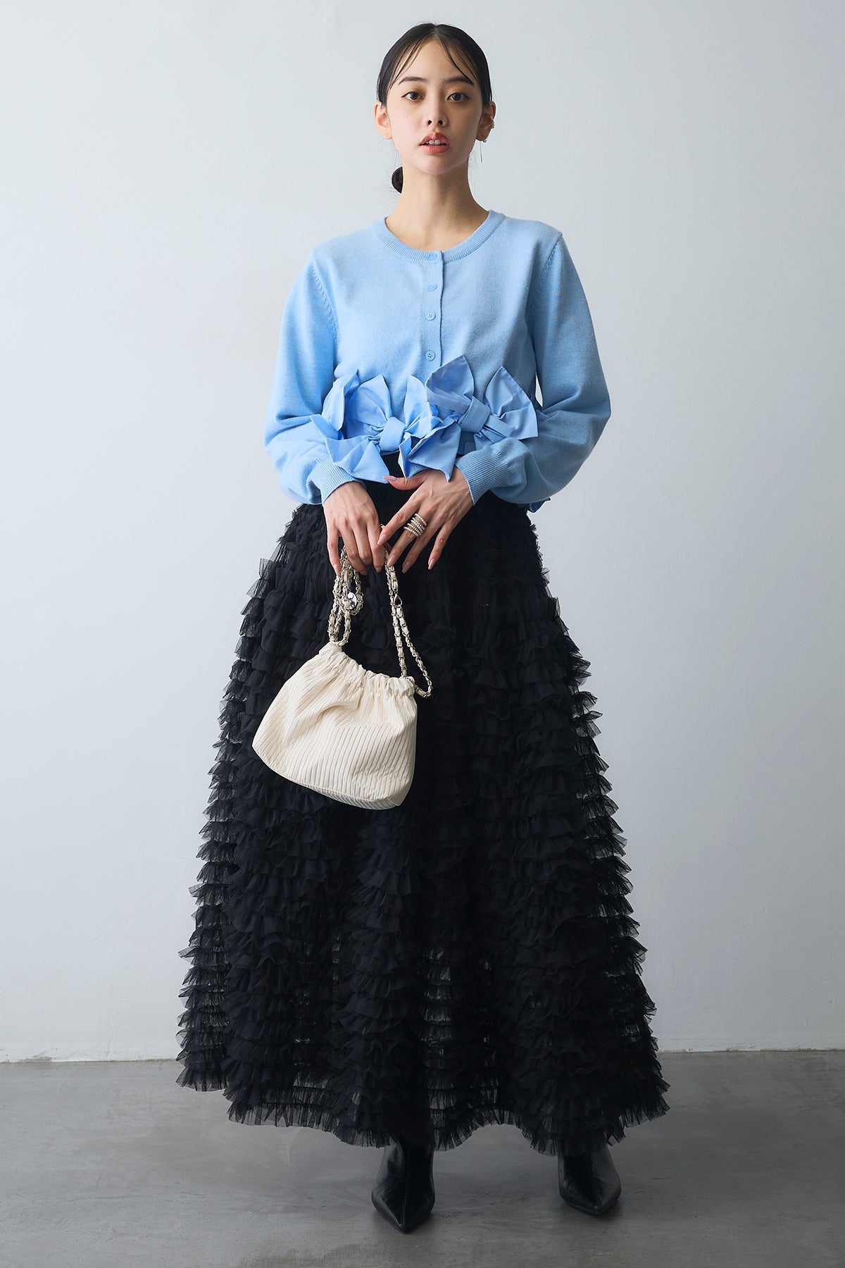 Frene ショートカーデ+ホイップチュールティアードスカート未使用 予約/SET]ヘムリボンデザインショートカーデ+ホイップチュール