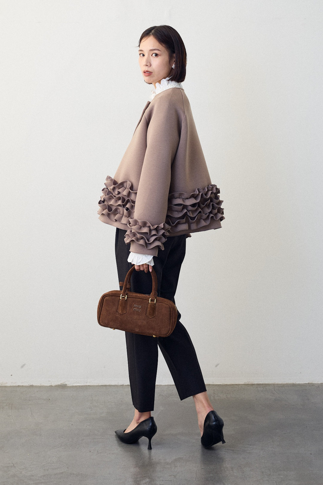 [予約/SET]フリルティアードボンディングクロップドコート+タックテーパードパンツ(2set)