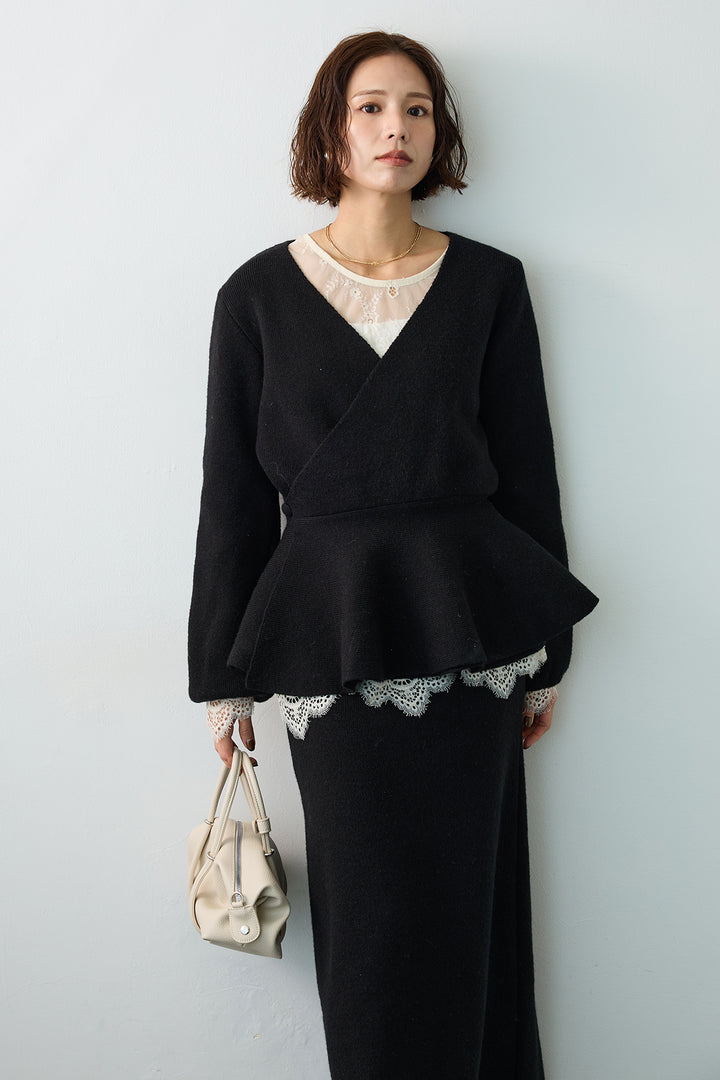 [予約/SET]ファインレーストップス+カシュクールフレアニットスカートセットアップ(2set)