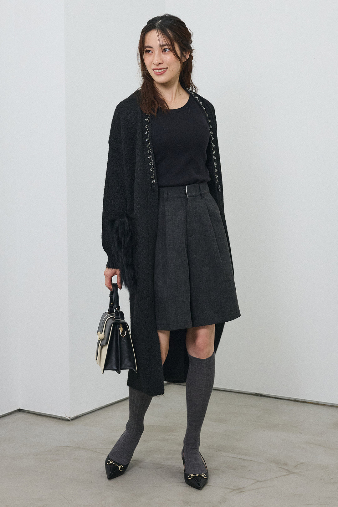 [予約/SET]ファーポケットロングニットカーデ+ウールタッチセンタープレスハーフパンツ(2set)