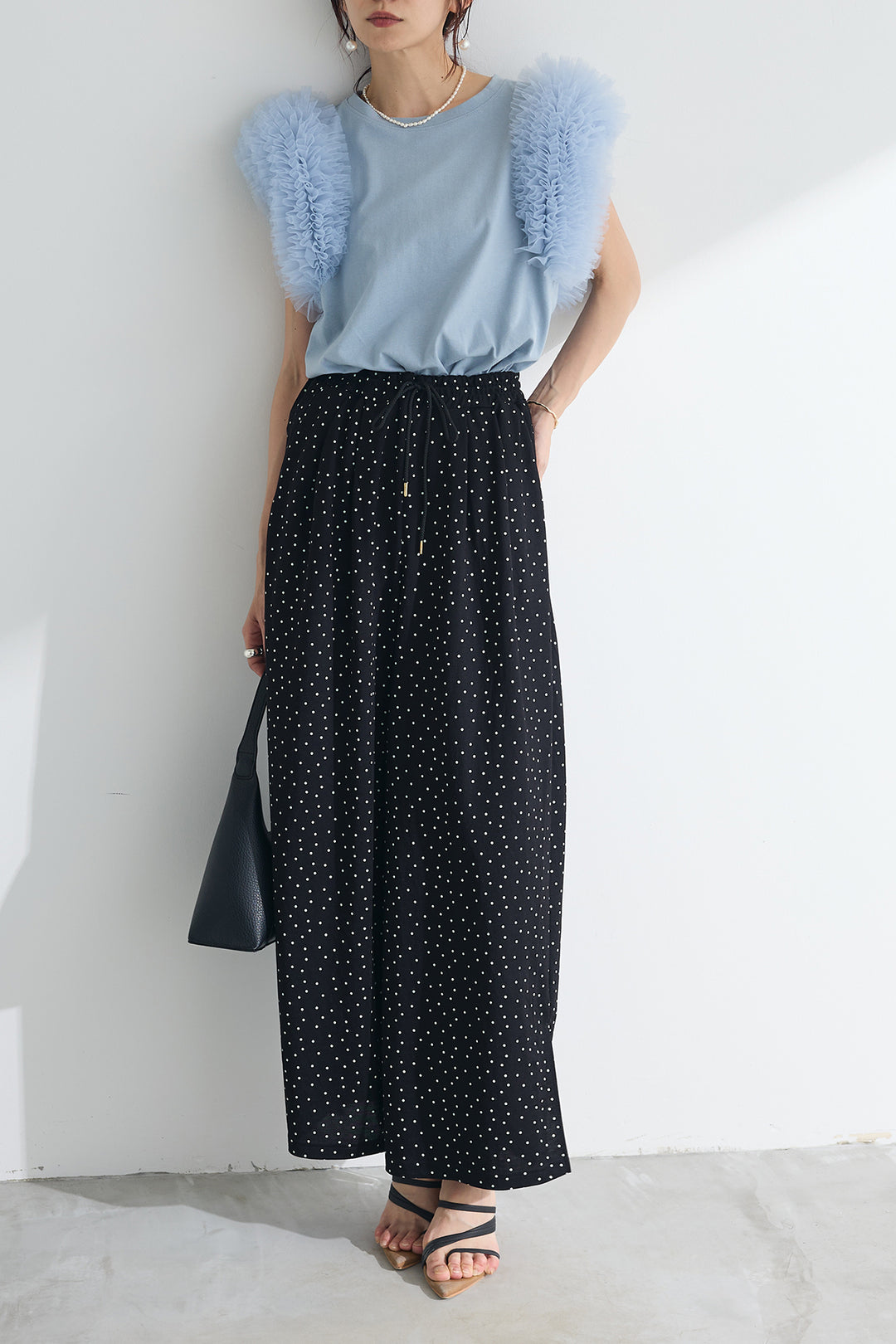 [予約/SET]チュールボリュームスリーブカットTシャツ+【接触冷感】ギャザータックワイドスリットパンツ(2set)