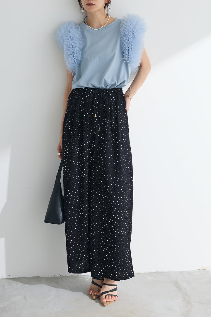 [予約/SET]チュールボリュームスリーブカットTシャツ+【接触冷感】ギャザータックワイドスリットパンツ(2set)