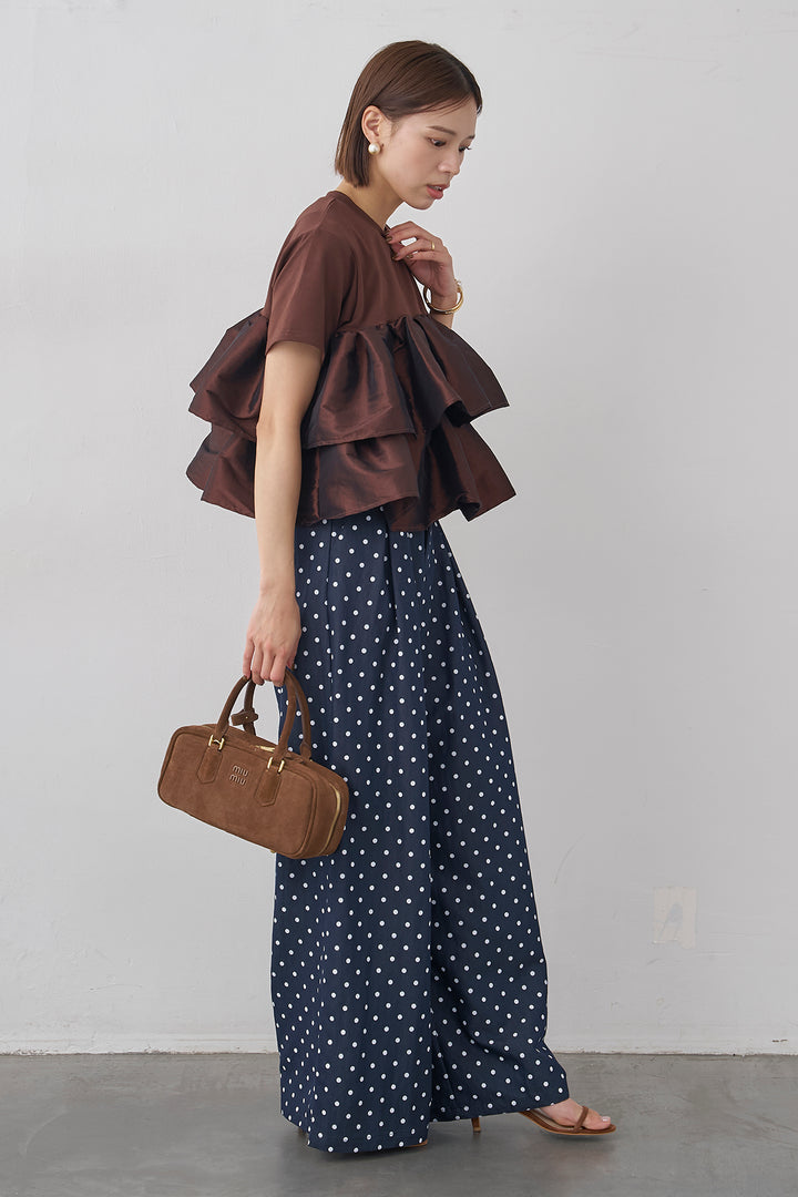 [予約/SET]ナイロンフリルドッキングTシャツ+ハイウエストドットデニムパンツ(2set)