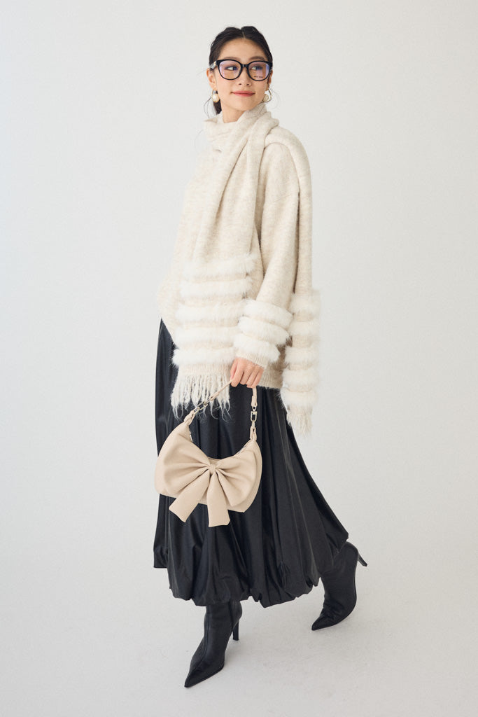 [予約]マフラー付きファーラインデザインニットカーデ