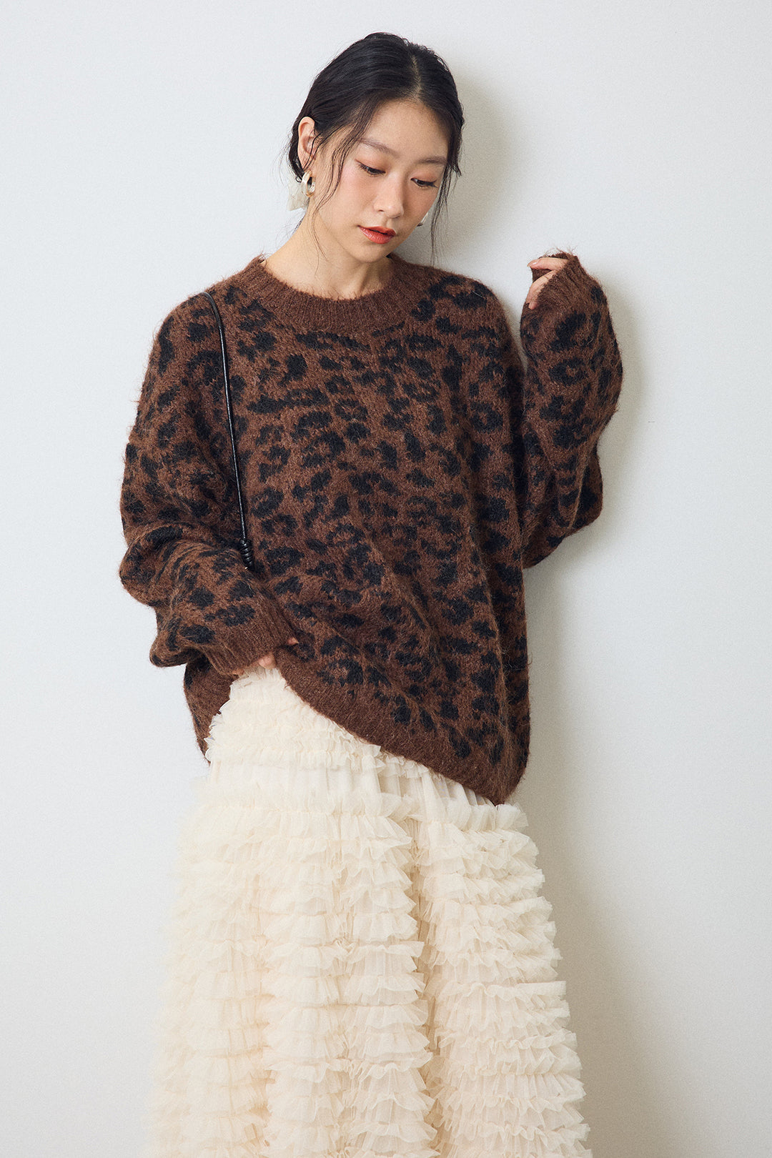[予約/SET]レオパードクルーネックニットプルオーバー+ホイップチュールティアードスカート(2set)