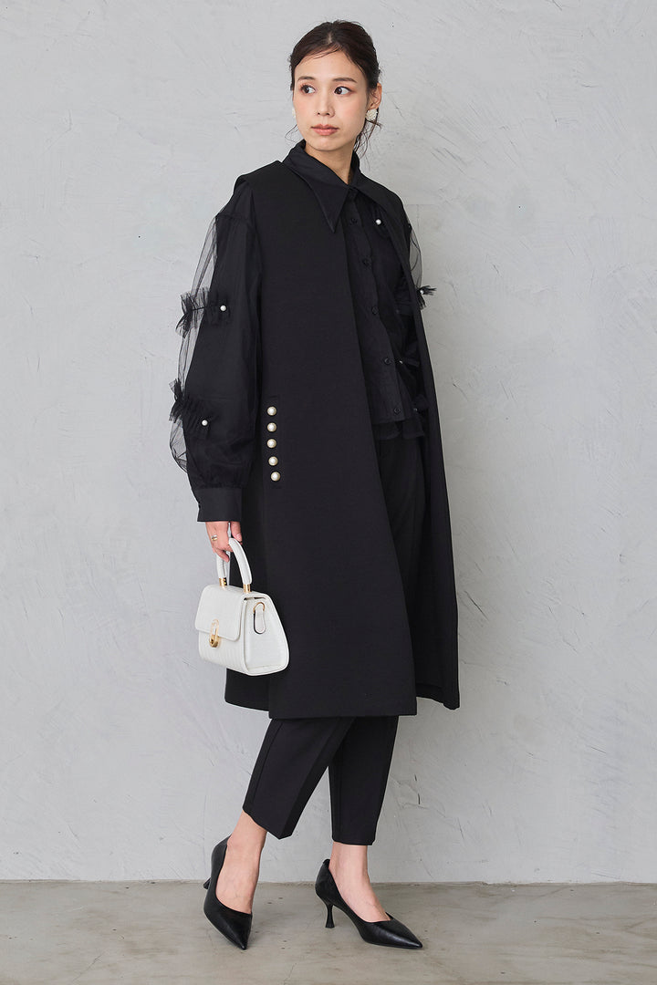 [予約/SET]チュールレイヤードパールシャツ+ポケットパール付きボンディングロングベスト+タックテーパードパンツ(3set)