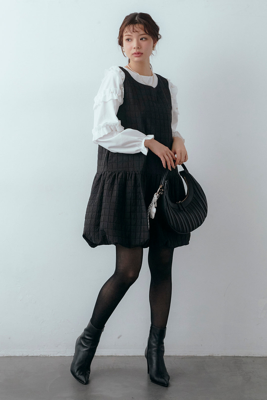 [予約/SET]フリルパールコンシャスブラウス+キルティングデザインミニジャンスカ(2set)