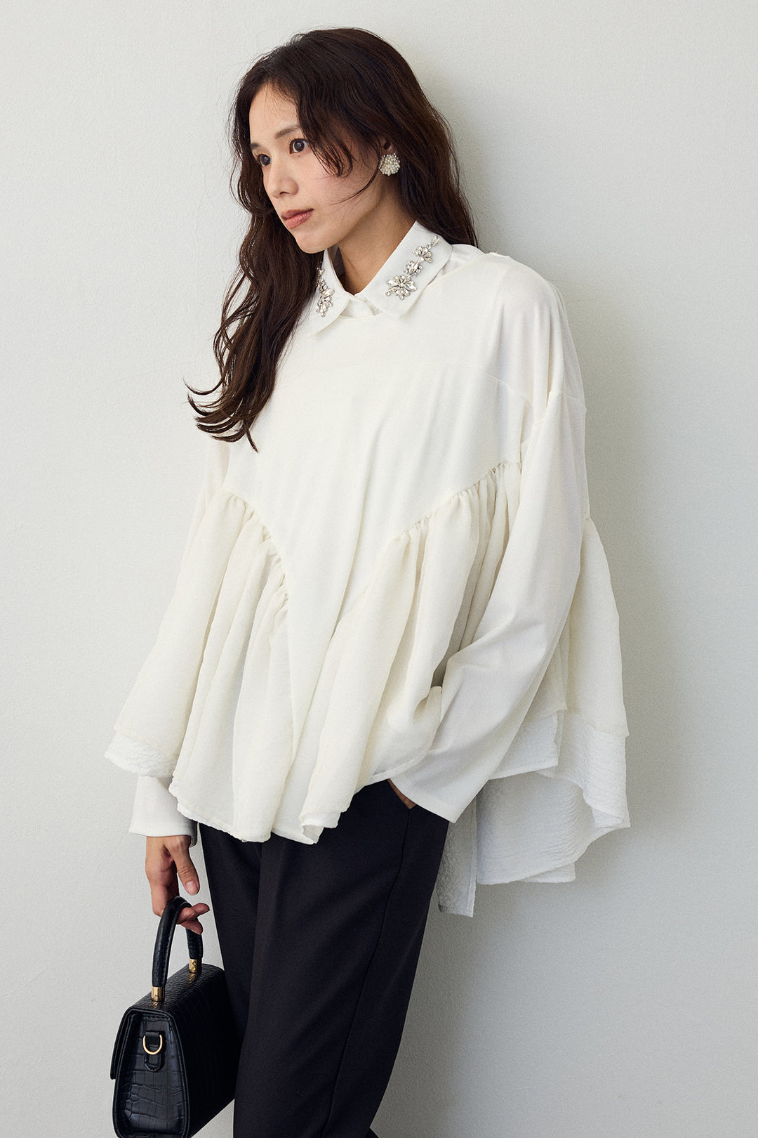 [予約/SET]フリルテール異素材切替チュニック+タックテーパードパンツ(2set)