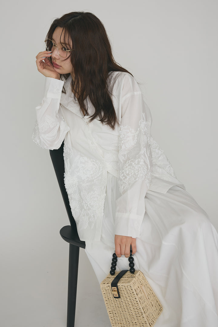 [予約/SET]フラワー刺繍モチーフオーバーシャツ+ギャザーフレア綿タッチスカート(2set)