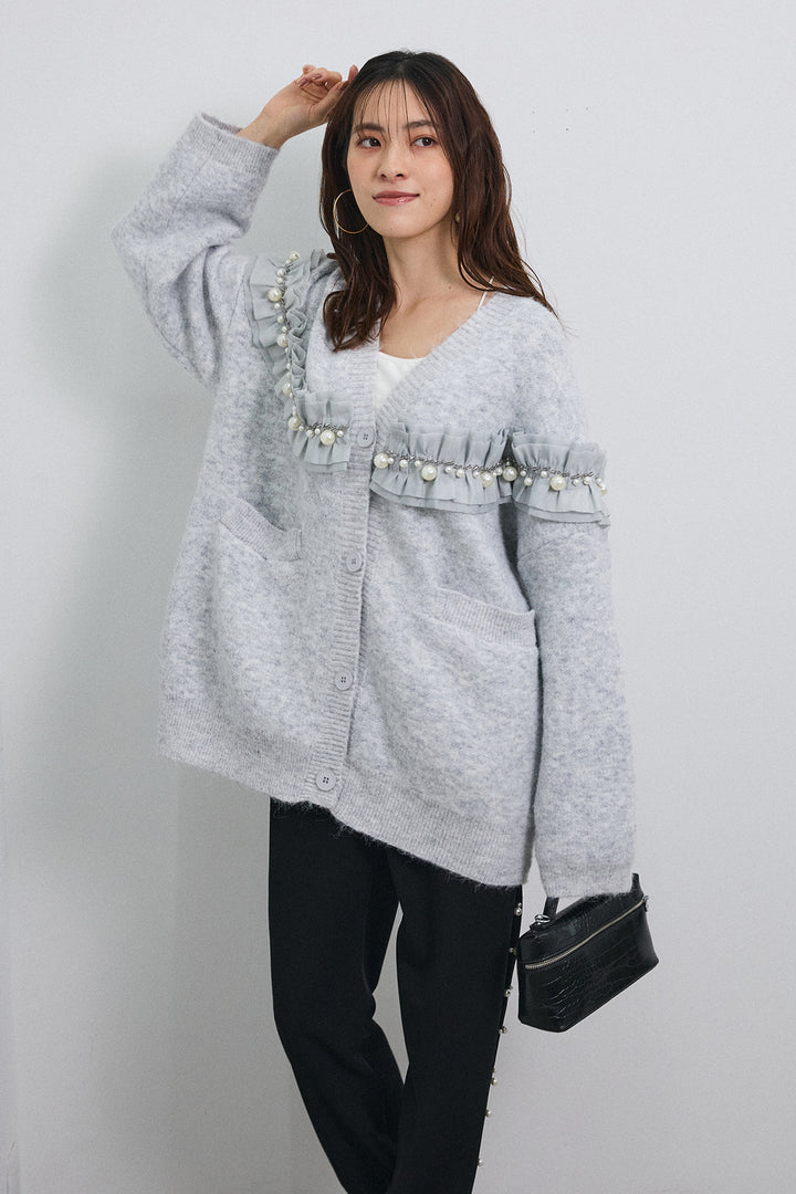 [予約/SET]フリルパールドッキングニットコーディガン+サイドパール裾タックジョガーパンツ(2set)