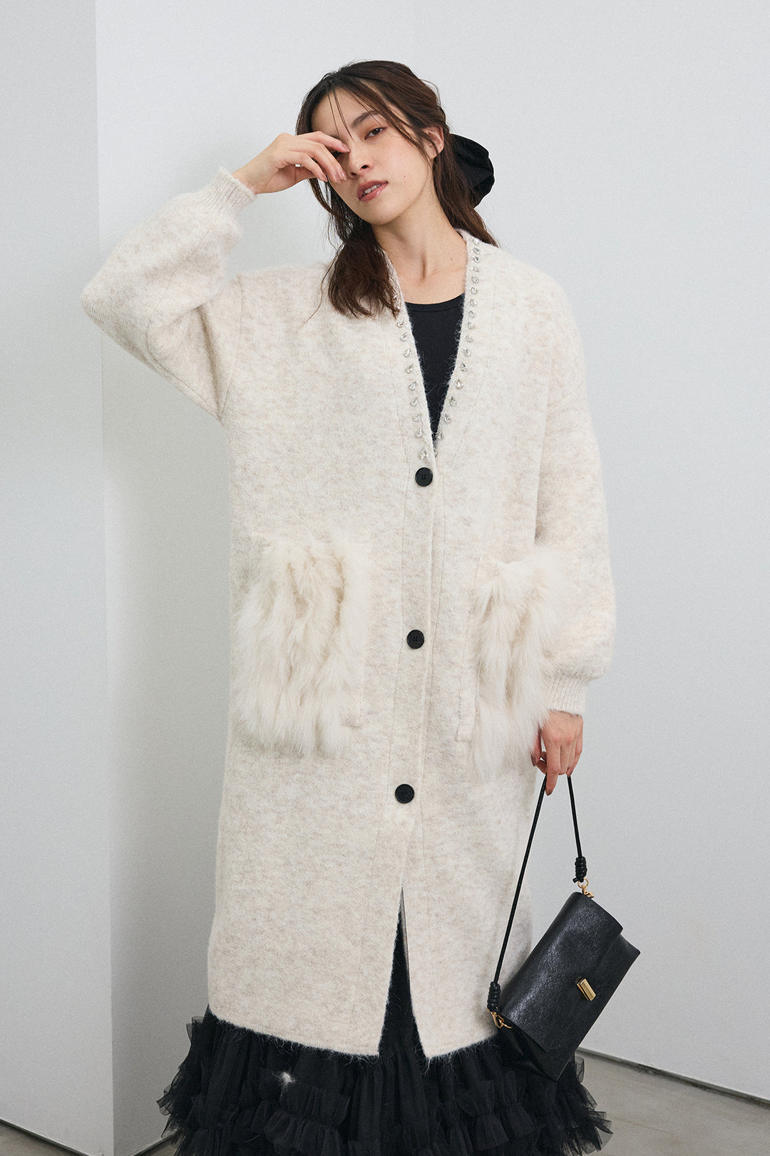 [予約/SET]ファーポケットロングニットカーデ+スウィートチュールフリルスカート(2set)