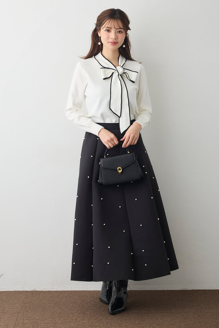 [予約/SET]配色ボウタイリボンニット+マルチパターンボンディングフレアスカート(2set)