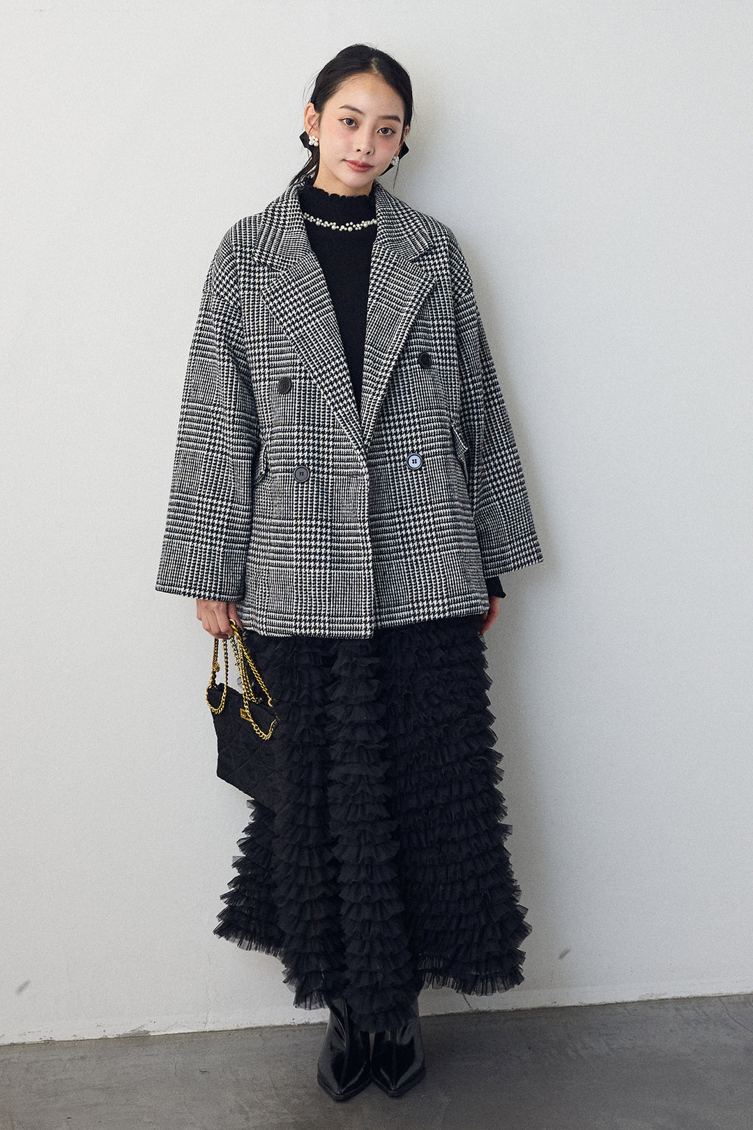 [予約/SET]ネックショルダーパールポイントニット+チェック柄ボクシーコート+ホイップチュールティアードスカート(3set)