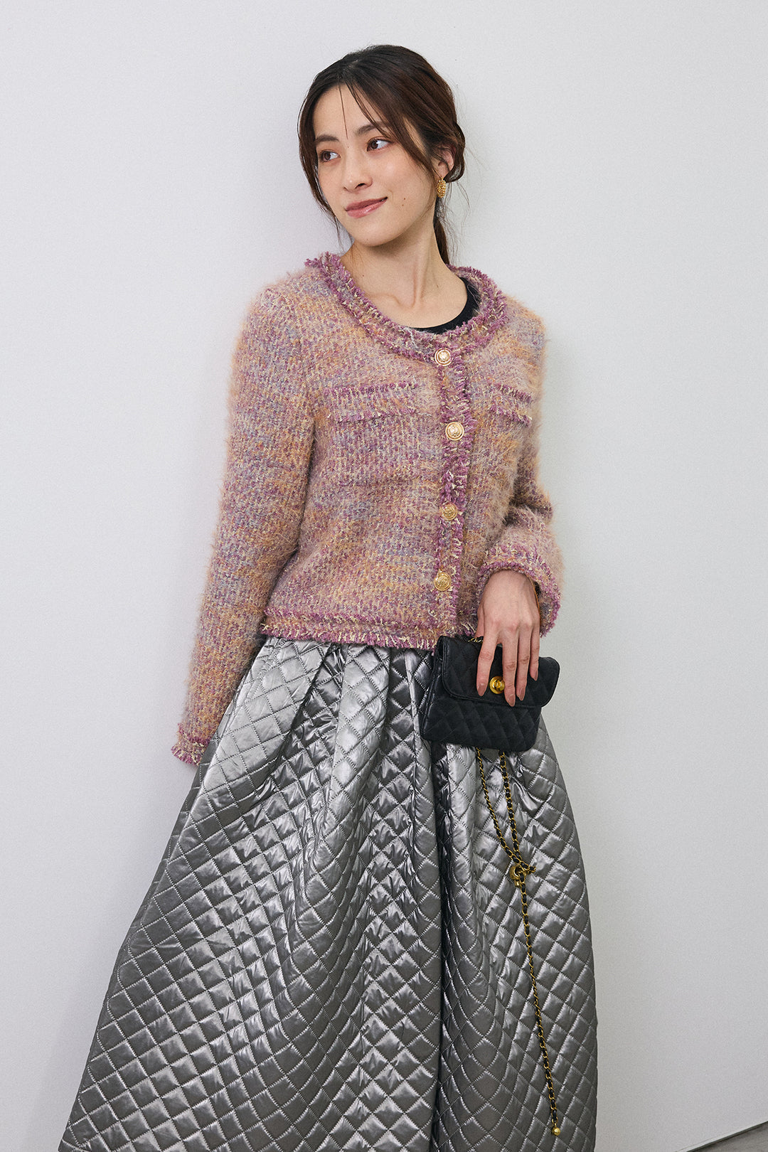[予約/SET]カラーミックスツイードジャケット+メタリックキルティングフレアスカート(2set)