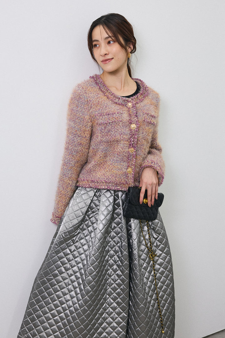 [予約/SET]カラーミックスツイードジャケット+メタリックキルティングフレアスカート(2set)