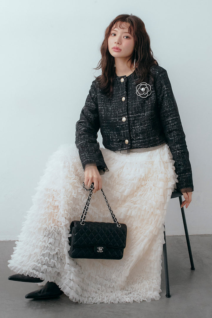 [予約/SET]ツイード×チュールレイヤードクロップドジャケット+ホイップチュールティアードスカート(2set)