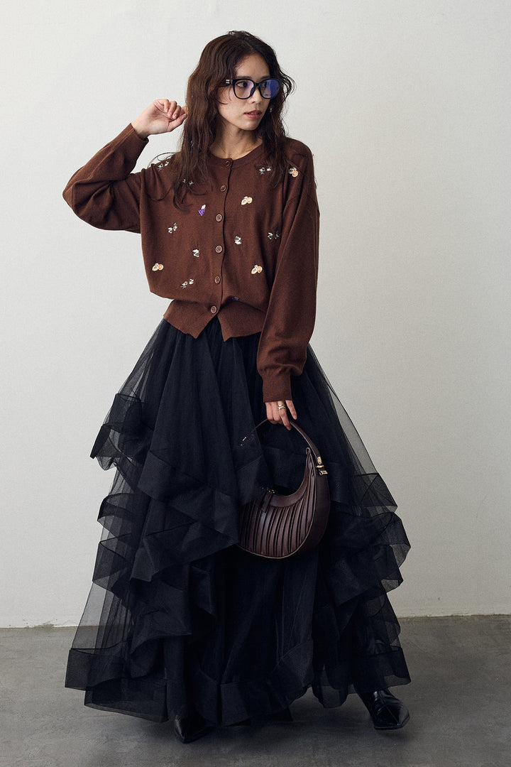 [予約/SET]フルーツフラワー刺繍ニットカーデ+ランダムフリルティアードボリュームスカート(2set)