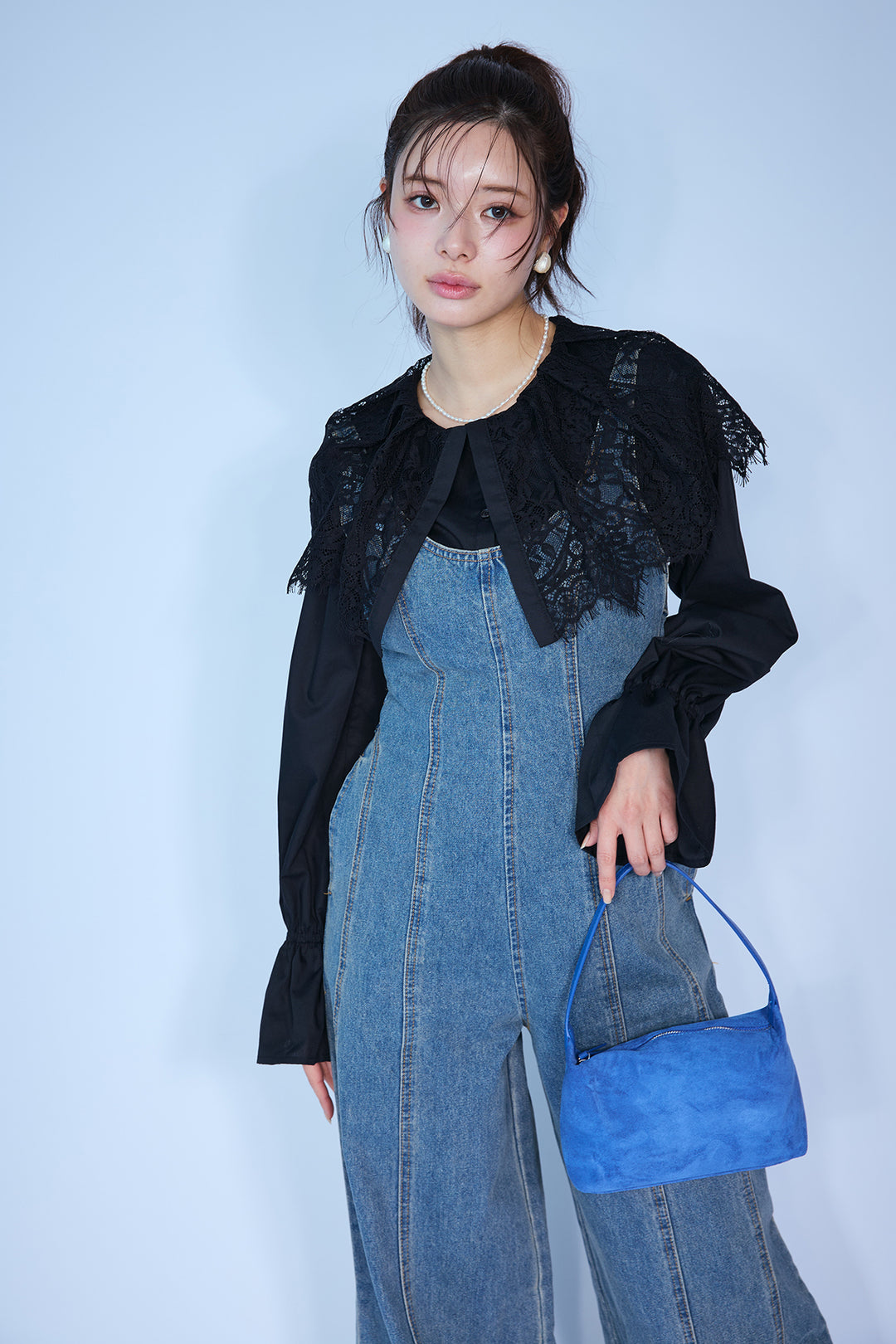 [予約/SET]繊細レースカラーキャンディースリーブブラウス+美ラインデニムサロペット(2set)