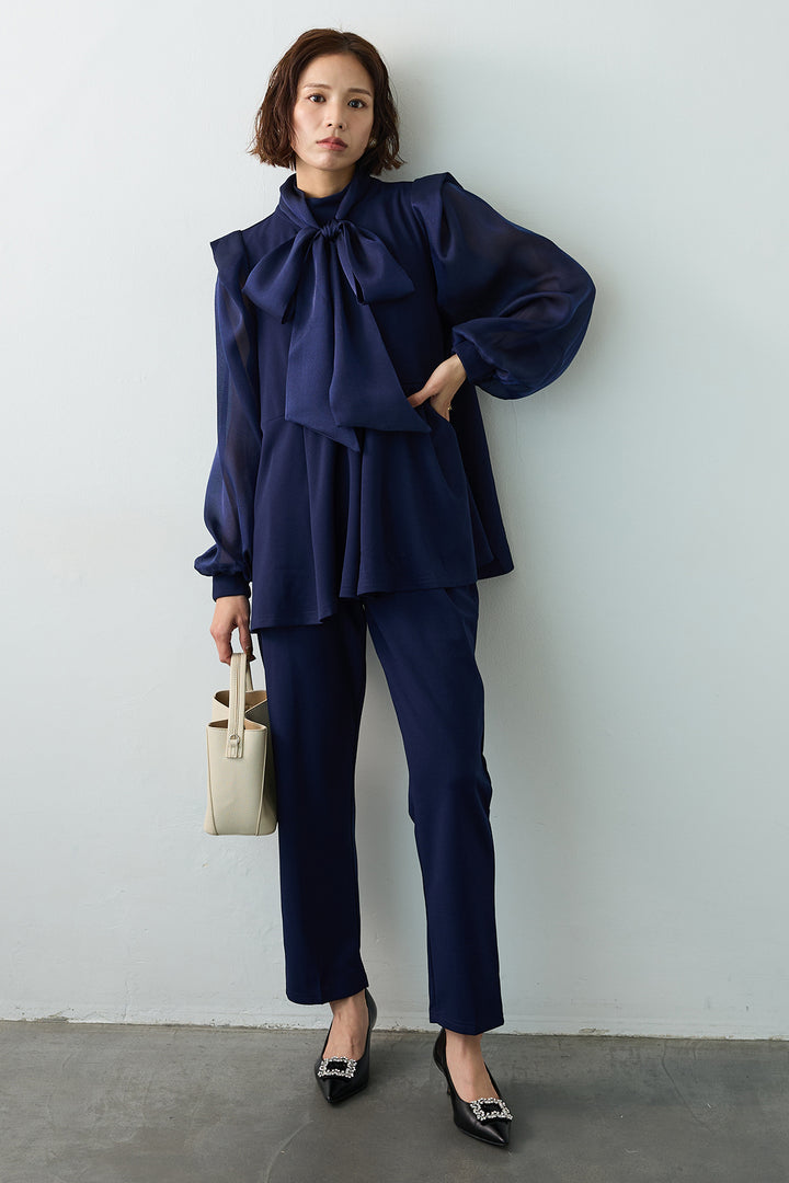 [予約/SET]シアーリボン異素材ドッキングペプラムブラウス+スリムテーパードパンツ(2set)