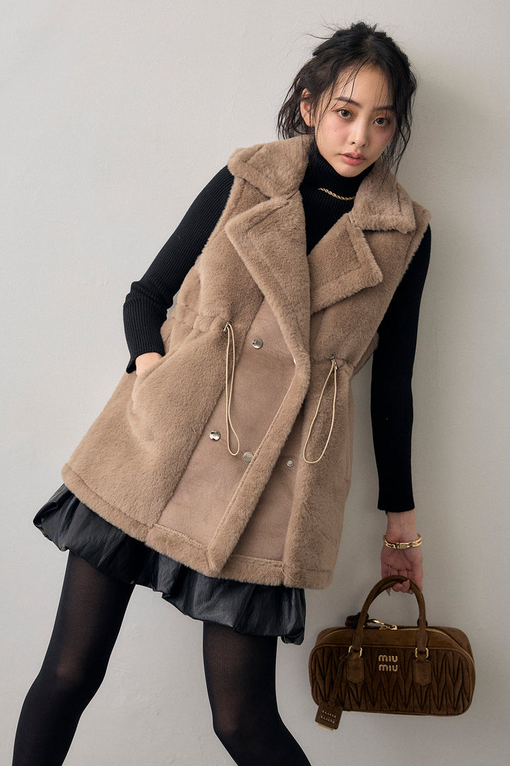 [予約/SET]テディボアウエストドロストベスト+フェイクレザーティアードバルーンミニスカート(2set)