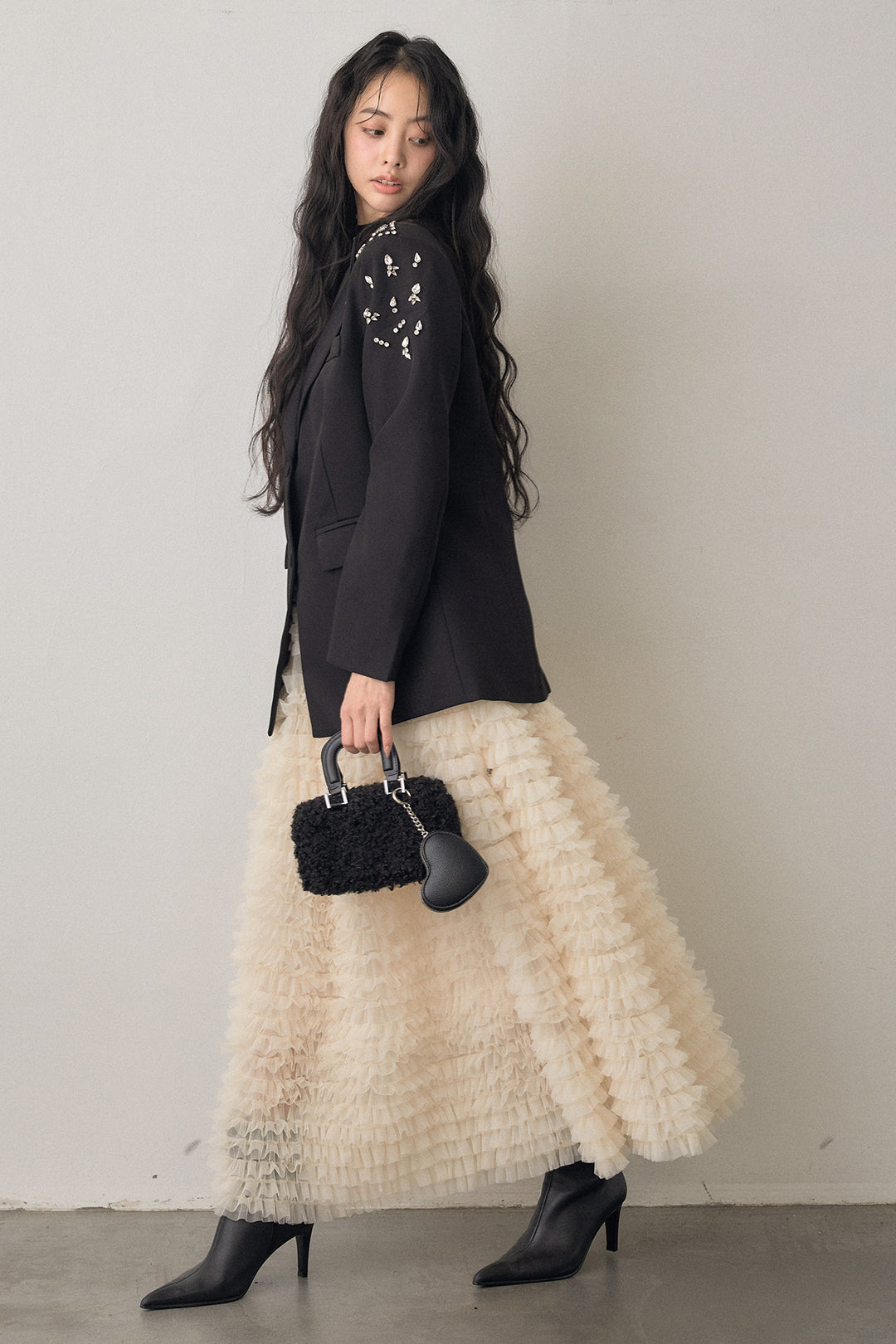 [予約/SET]ショルダービジューマニッシュジャケット+ホイップチュールティアードスカート(2set)