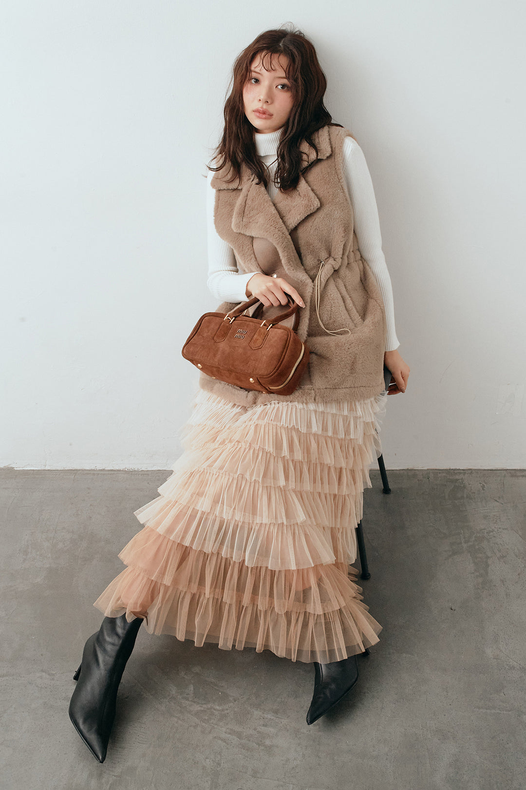 [予約/SET]ベーシックリブタートルニット+テディボアウエストドロストベスト+グラデーションチュールティアードスカート(3set)