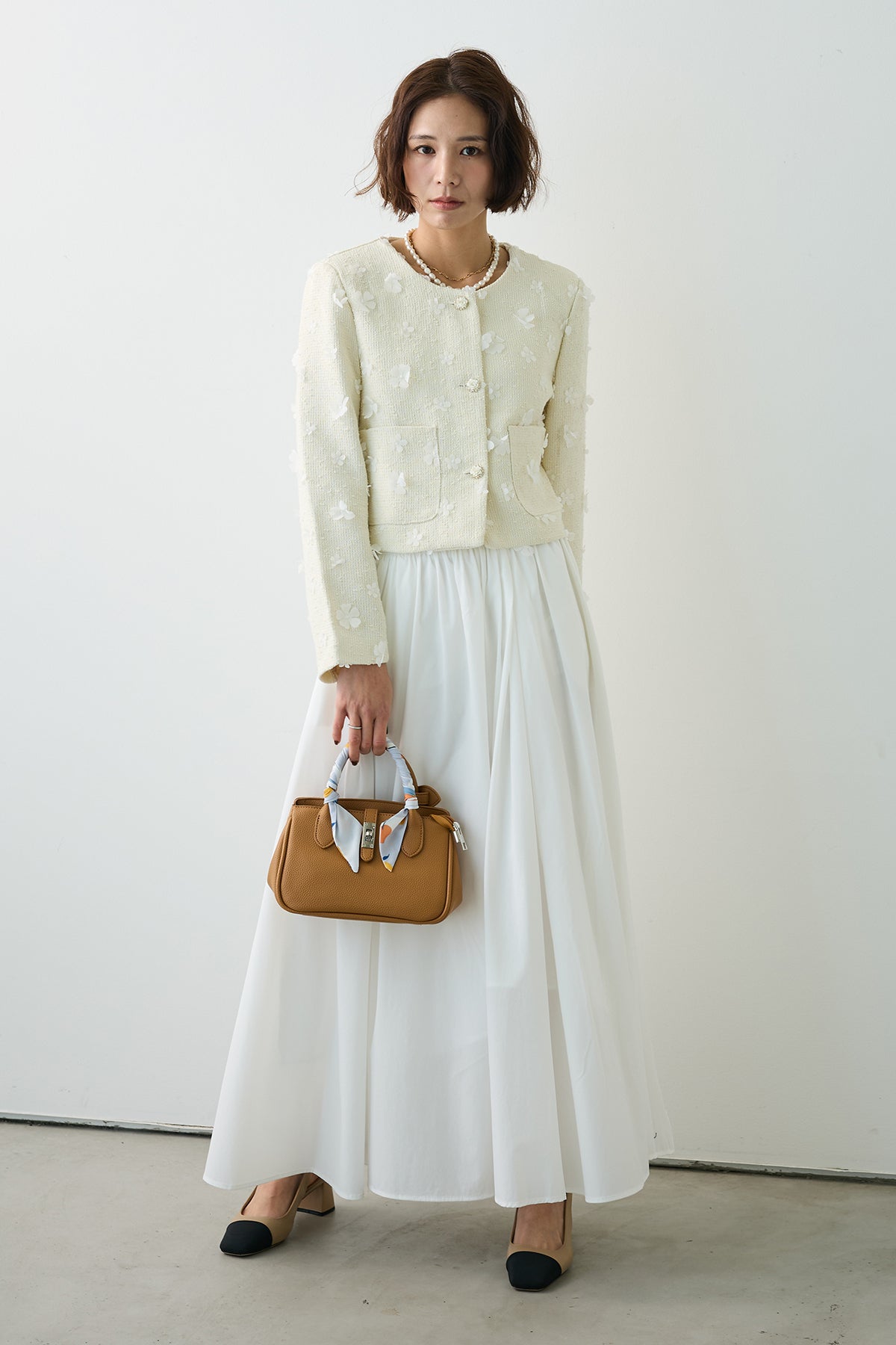 予約/SET]フラワーモチーフツイードジャケット+ギャザーフレア綿タッチ