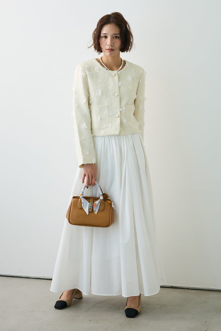 [予約/SET]フラワーモチーフツイードジャケット+ギャザーフレア綿タッチスカート(2set)