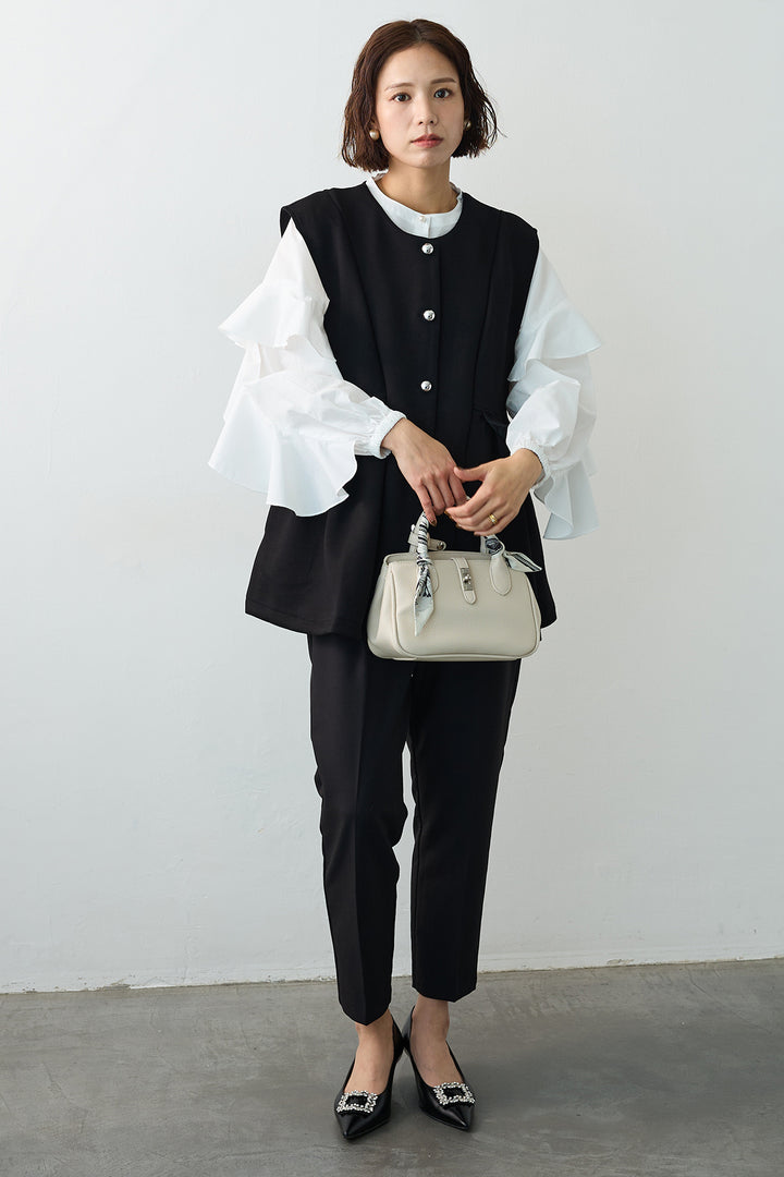 [予約/SET]ティアードフリルスリーブパールボタンブラウス+ペプラムラインシルバーボタンジレ(2set)