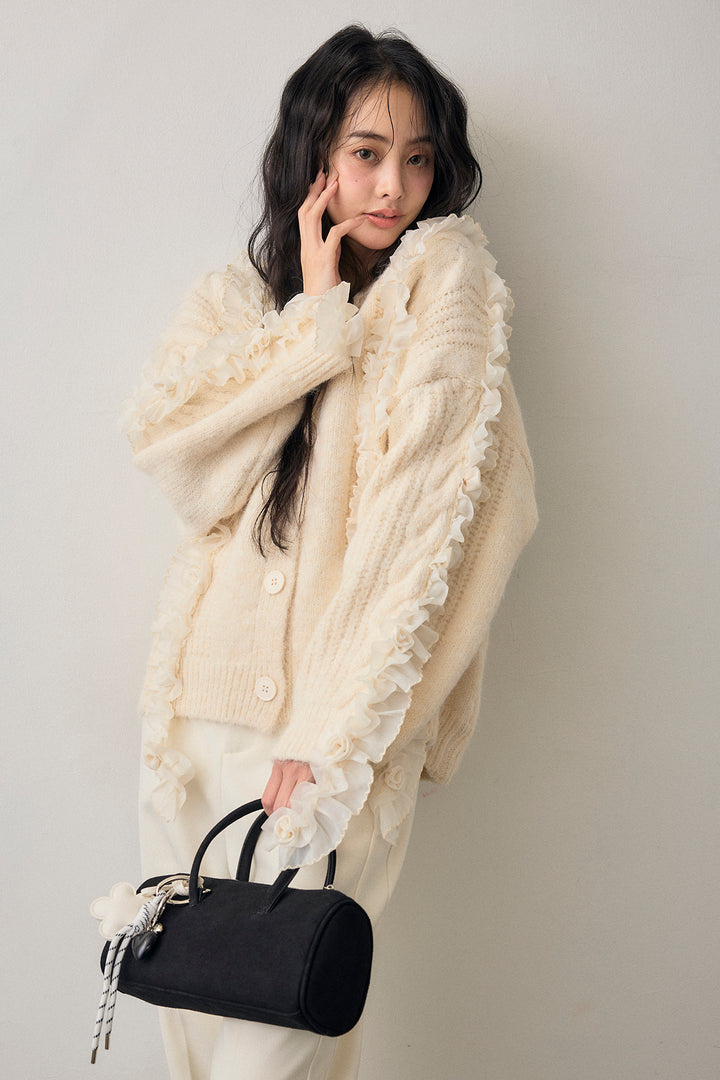 [予約/SET]フリルローズドッキングニットカーデ+ウォームセンタープレス美ラインテーパードパンツ(2set)