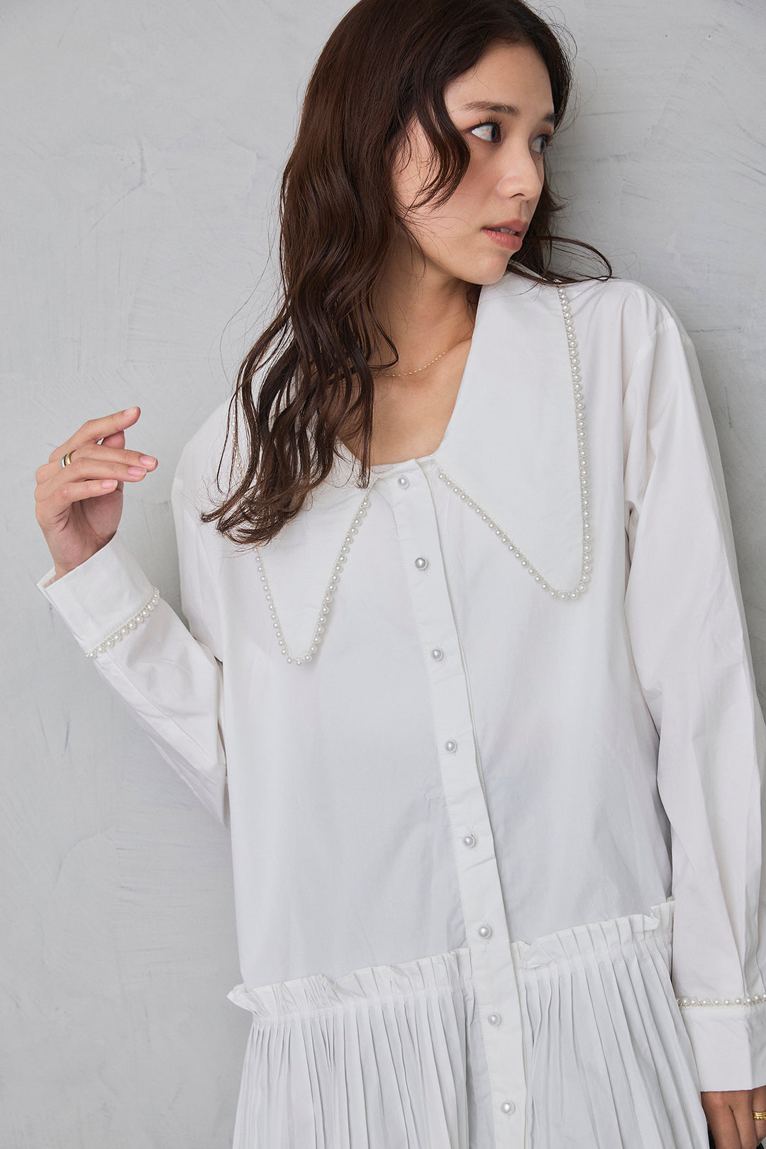 [予約/SET]パールライン襟×プリーツシャツ+タックテーパードパンツ(2set)