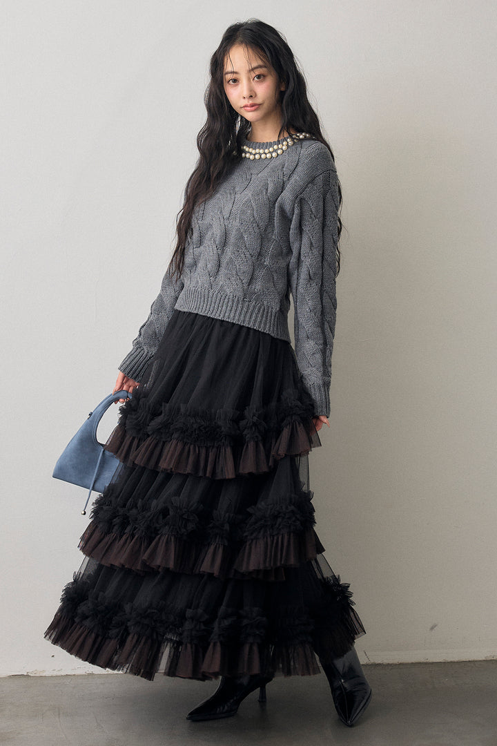 [予約/SET]ネックパールケーブル編みニット+配色フリルティアードロマンティックスカート(2set)