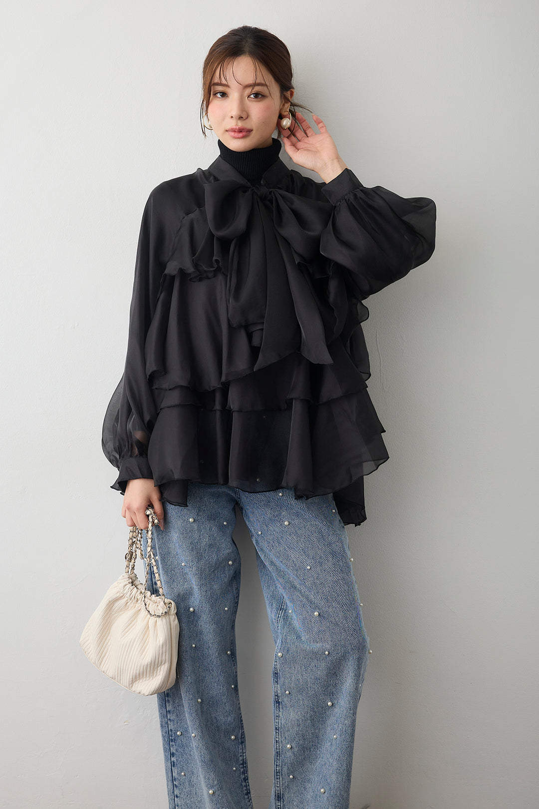 [予約/SET]フロントBIGリボンティアードエアリーチュニック+パールスタッズストレートハイウエストデニム(2set)