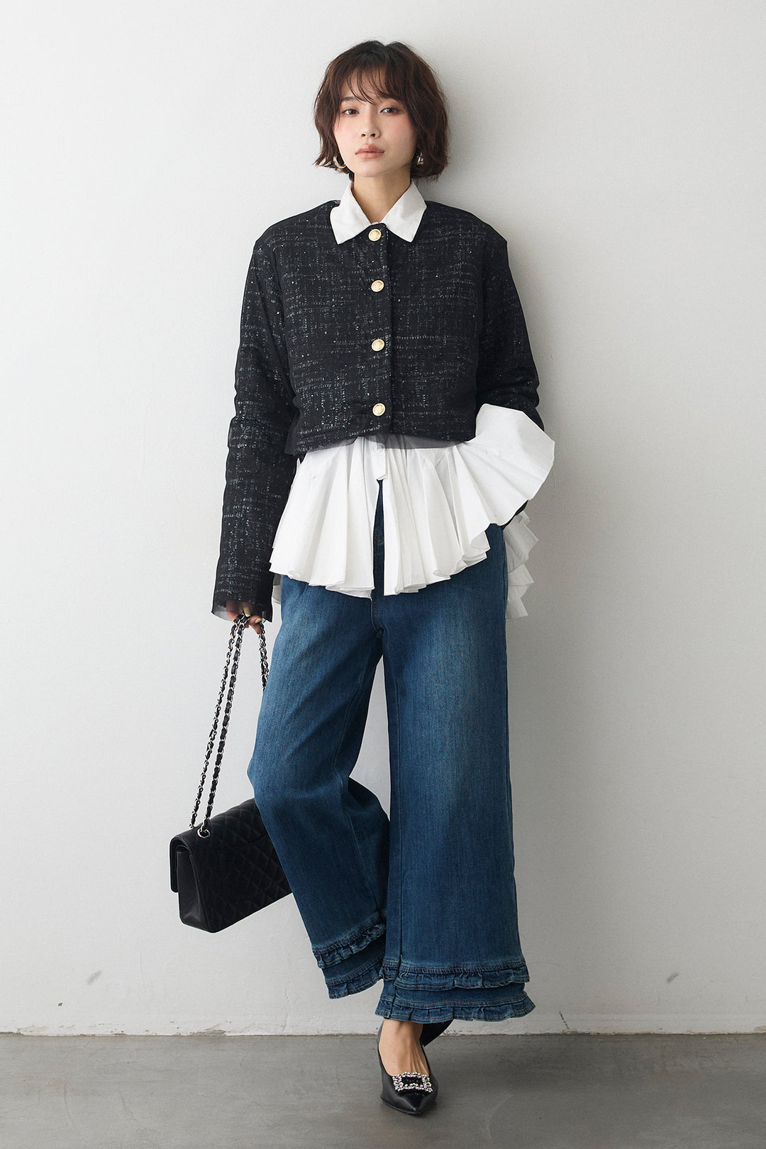 [予約/SET]パネルフレアヘムシャツ+ツイード×チュールレイヤードクロップドジャケット+フリルヘムデニムパンツ(3set)