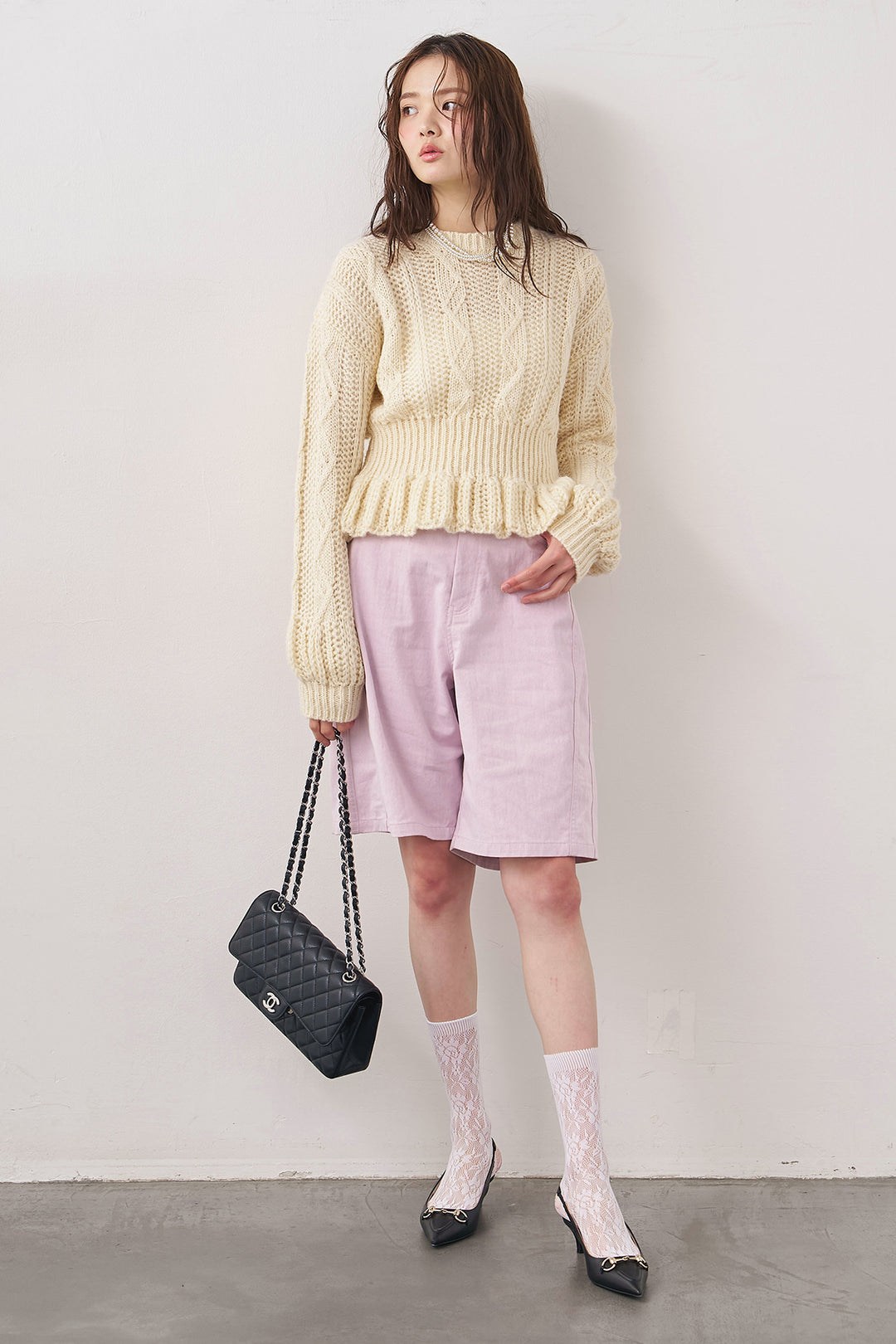 [予約/SET]ケーブル編ミニペプラムニット+デニムベーシックハーフパンツ(2set)