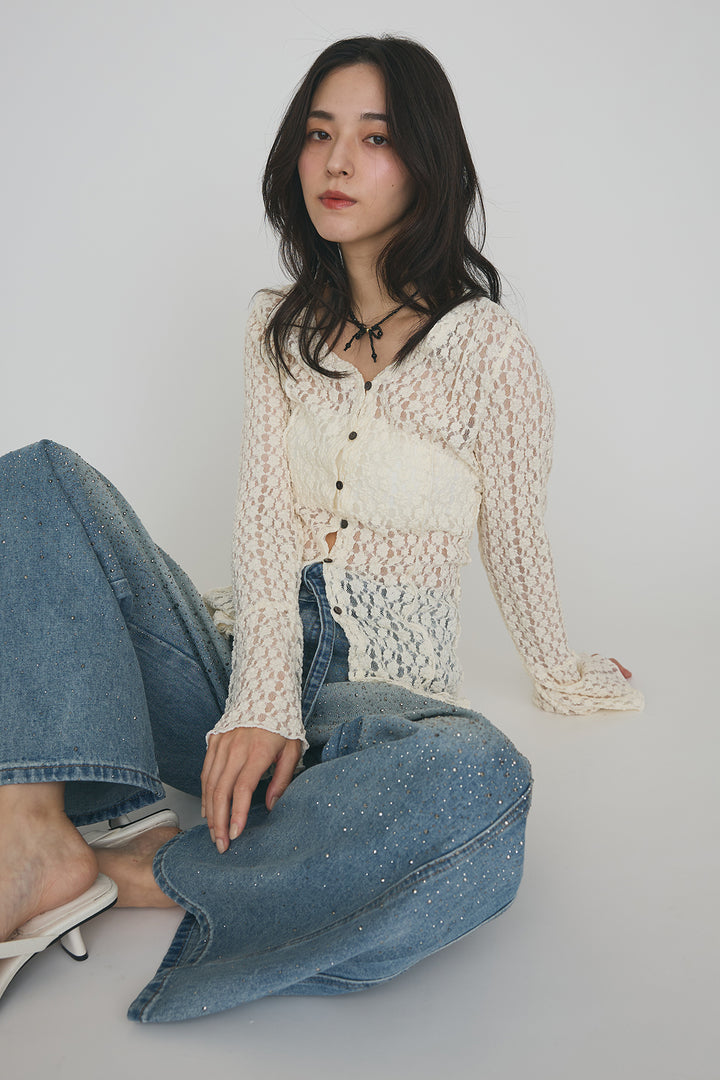 [予約/SET]カットレースフラワーVネックカーデ+ラインストーン美ラインデニム(2set)