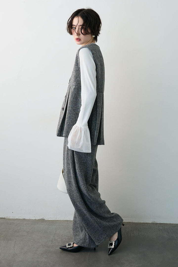 [予約/SET]チュールシアーカフスリブニット+サマーツイードボックスプリーツベスト+サマーツイードウエストラインタックパンツ(3set)
