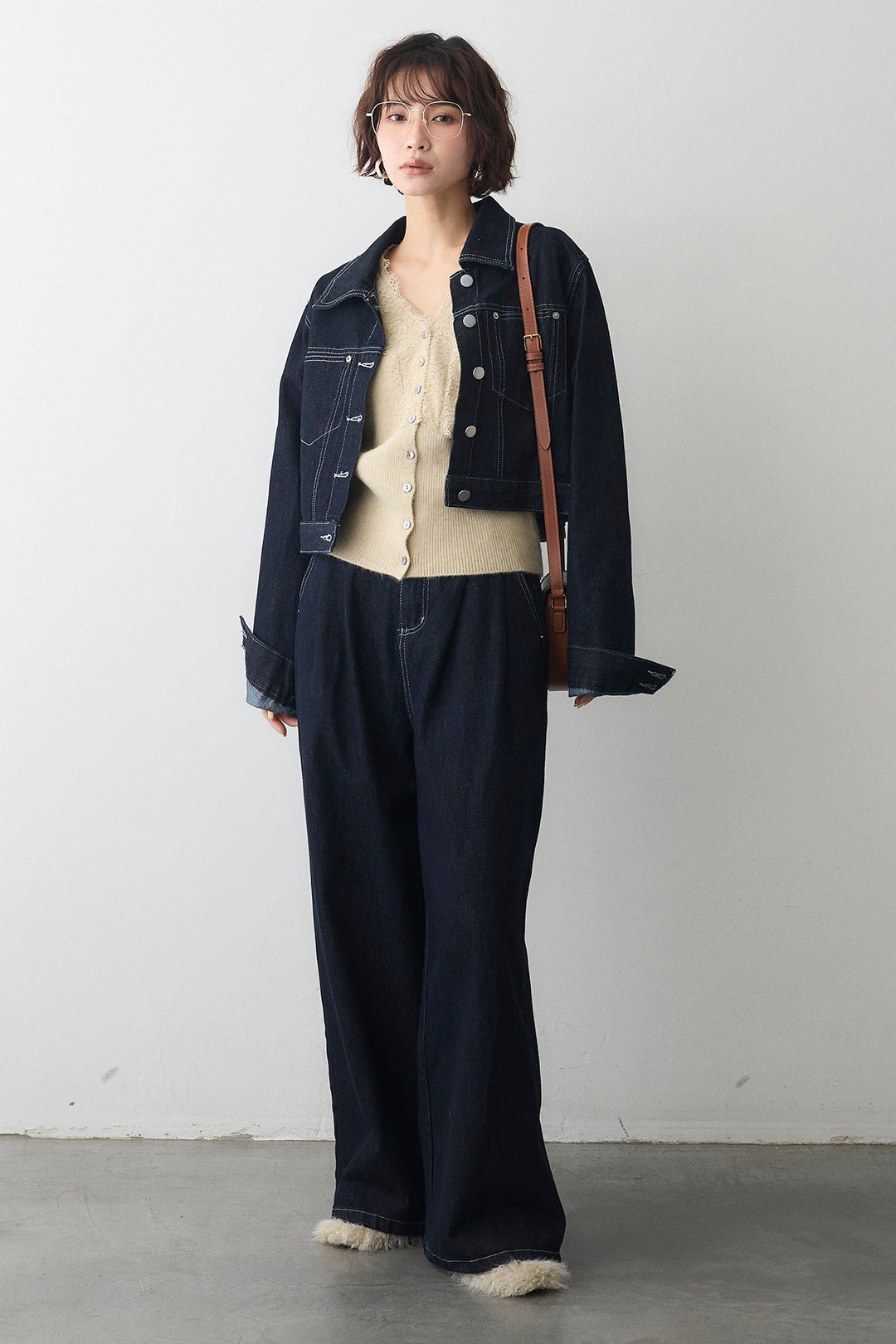 [予約/SET]レースVラインボタンニット+クロップドデニムセットアップ(2set)