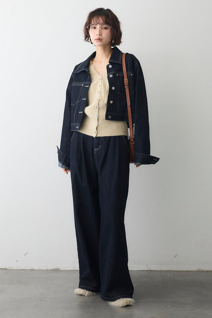 [予約/SET]レースVラインボタンニット+クロップドデニムセットアップ(2set)