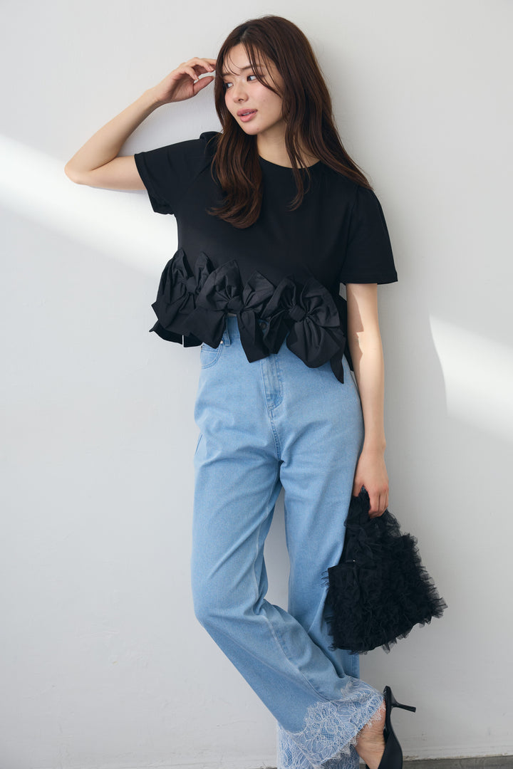 [予約/SET]リボンヘムデザインTシャツ+【接触冷感】ヘムレースデニムパンツ(2set)