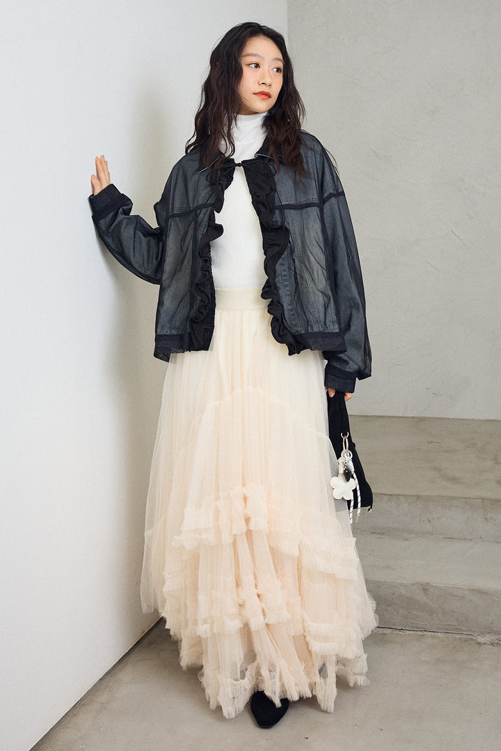 [予約/SET]デニム×チュールレイヤードフリルジャケット+フェアリードレープチュールスカート(2set)