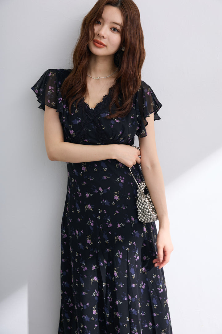 [予約]ニュアンスフラワーレースポイントシフォンワンピース