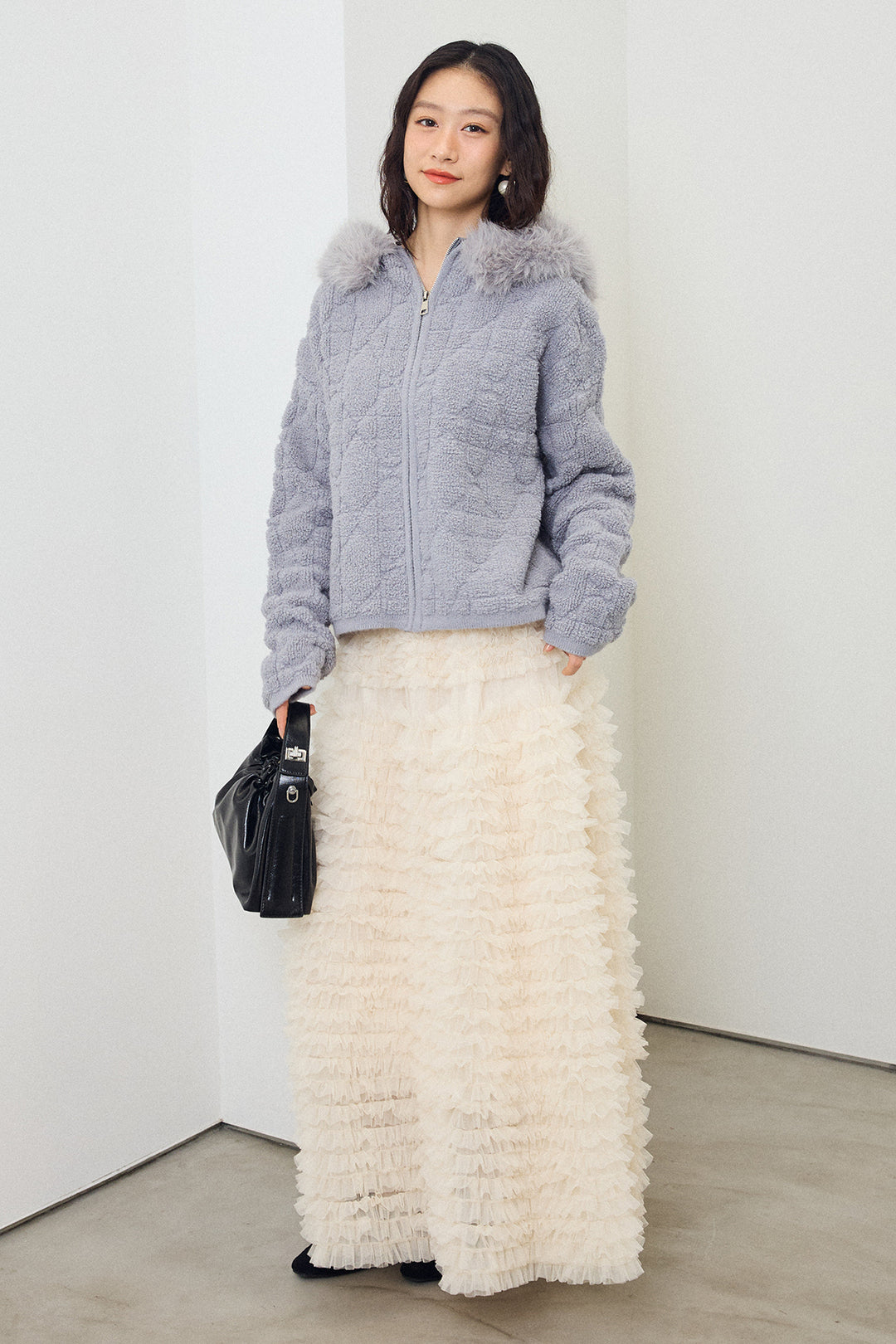 [予約/SET]フードファーキルトZIPニットブルゾン+ホイップチュールティアードスカート(2set)