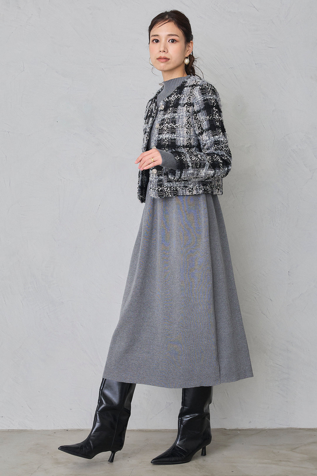 [予約/SET]ツイードチェッククロップドジャケット+リブセミフレアニットワンピース(2set)