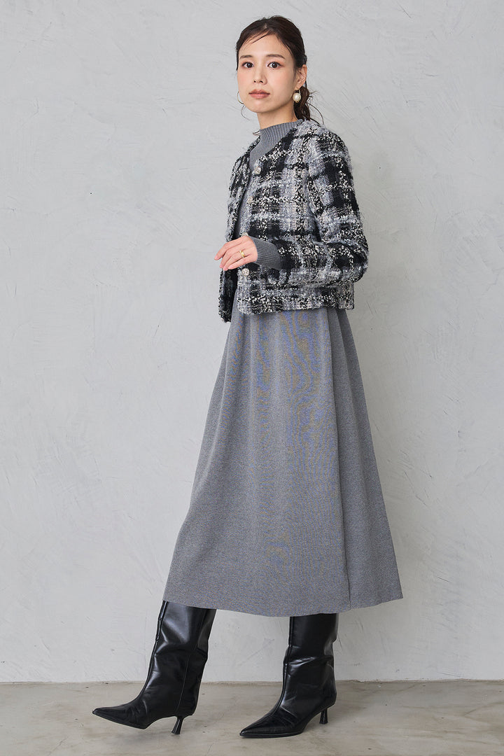 [予約/SET]ツイードチェッククロップドジャケット+リブセミフレアニットワンピース(2set)