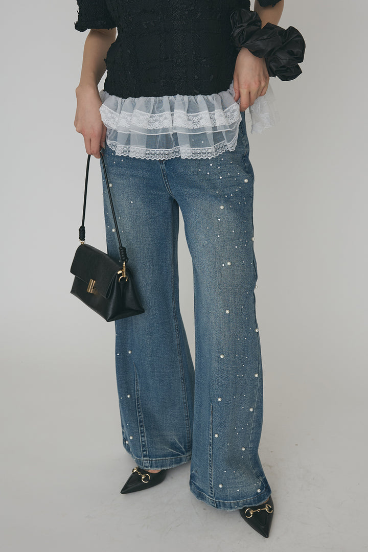 [予約/SET]サマーツイード異素材ドッキングトップス+パールラインストーンハイウエストデニム(2set)