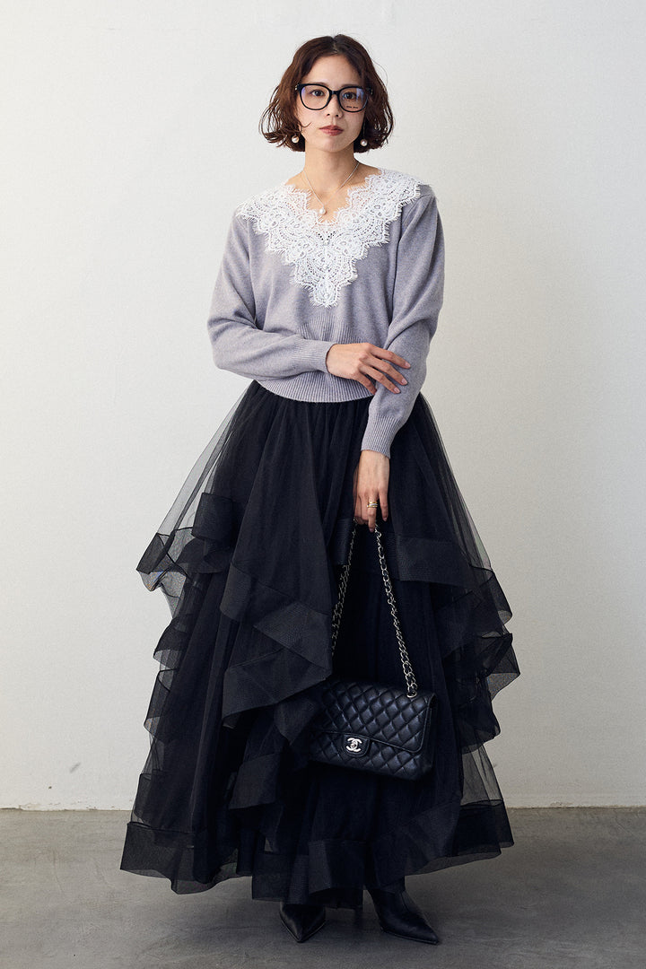 [予約/SET]Vレースデザインニットプルオーバー+ランダムフリルティアードボリュームスカート(2set)